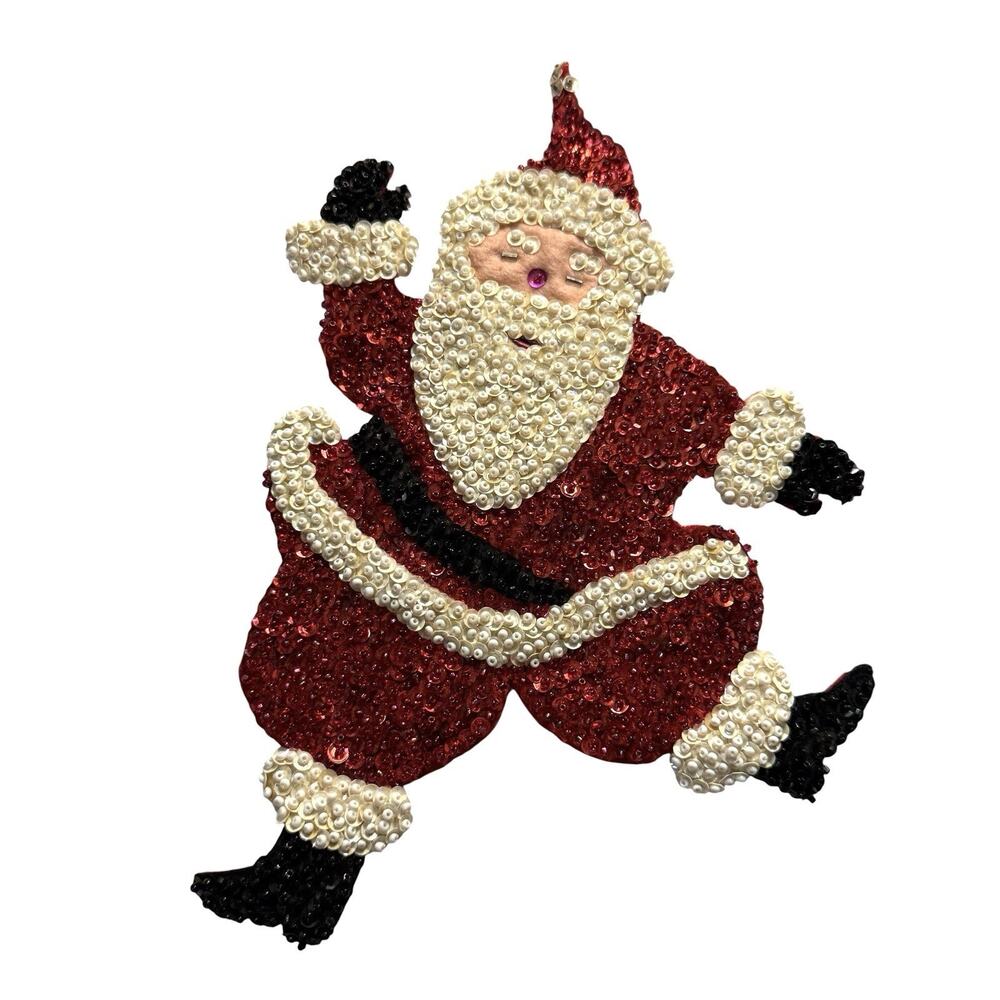 VTG Sequined Beaded Handmade Waving Santa Appliqué Christmas Art Crafts Sewing